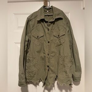 Free People Womens Moonchild Army Green Denim Shirt Jacket